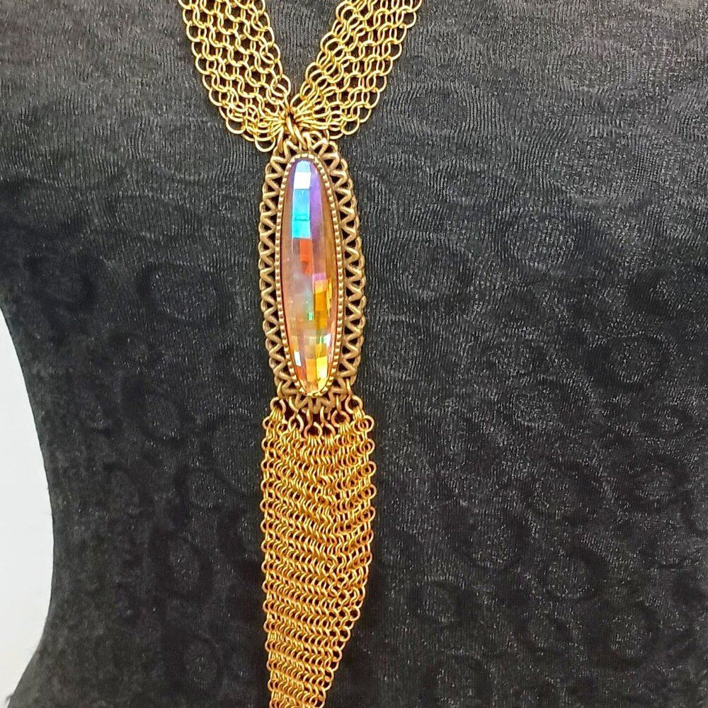 Ferrara Whiting and Davis Antique Brass Plated Ring Mesh with Crystal Cabochon